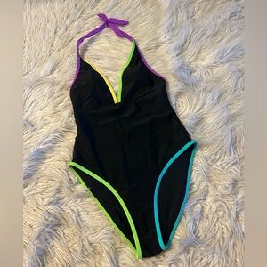 Colorful Trim Black Halter Swimsuit